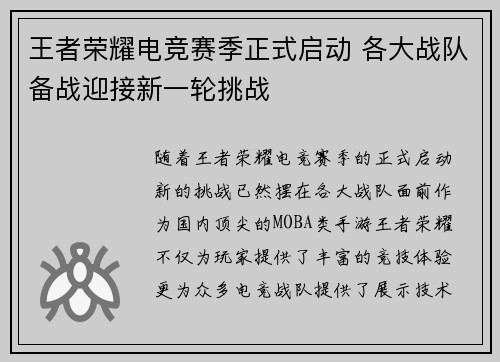 王者荣耀电竞赛季正式启动 各大战队备战迎接新一轮挑战